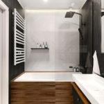 czarna biała łazienka drewniane wstawki